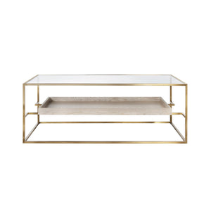 Worlds Away Glass Top Antique Brass Coffee Table Floating Shelf - Available in 2 Colors