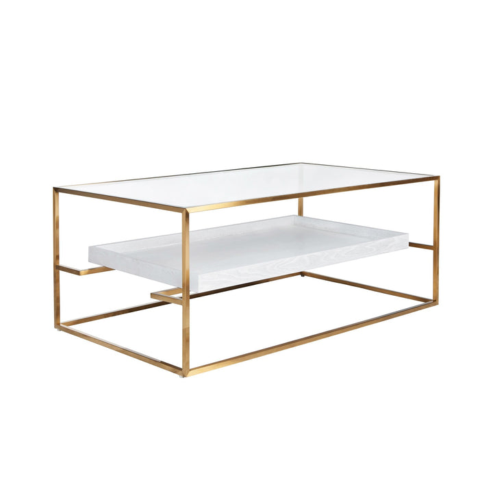Glass Top Antique Brass Coffee Table Floating Shelf - Available in 2 Colors