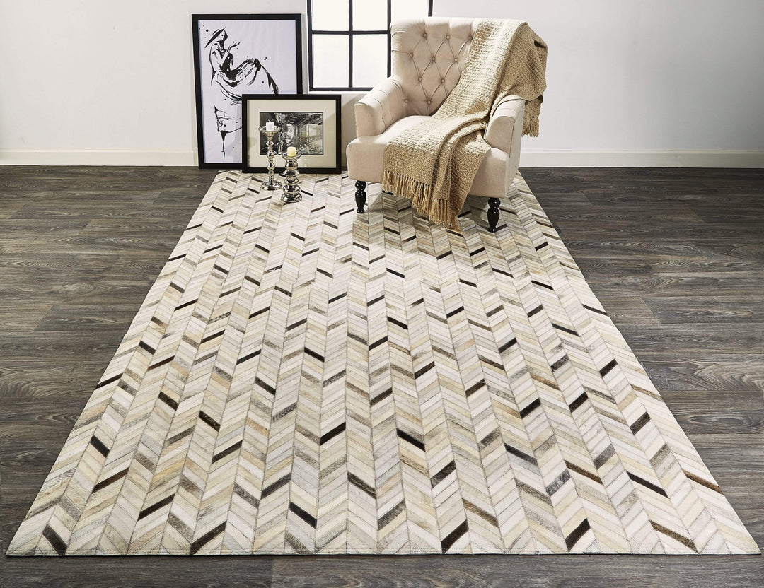 Feizy Feizy Estelle Modern Leather Cowhide Chevron Rug - Dark & Light Gray - Available in 4 Sizes