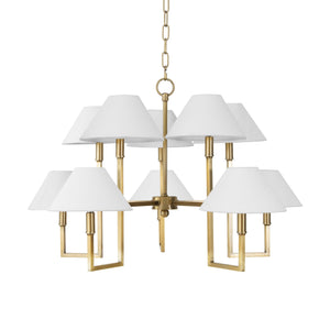 Worlds Away Ten Light Five Arm Chandelier With White Linen Coolie Shade In Antique Brass
