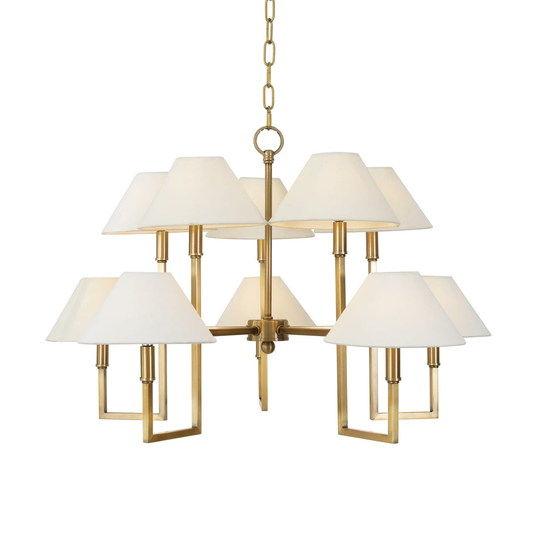 Worlds Away Ten Light Five Arm Chandelier With White Linen Coolie Shade In Antique Brass
