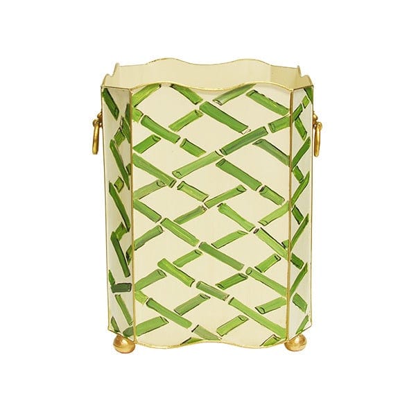 Worlds Away Worlds Away Square Wastebasket with Lion Handles - Green & Cream WBLIONSQ BAMGR
