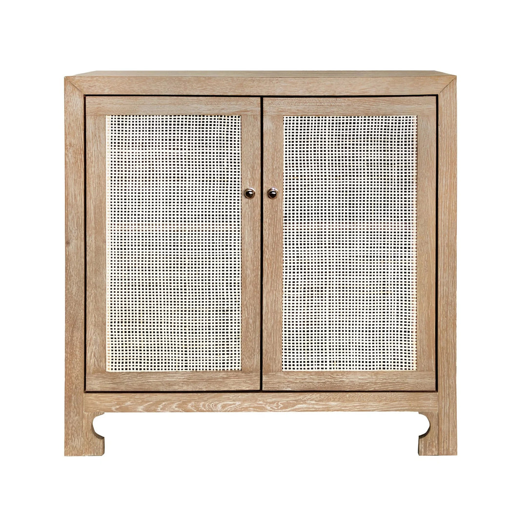 Two Door Cane Cabinet With Brass Hardware In Cerused Oak